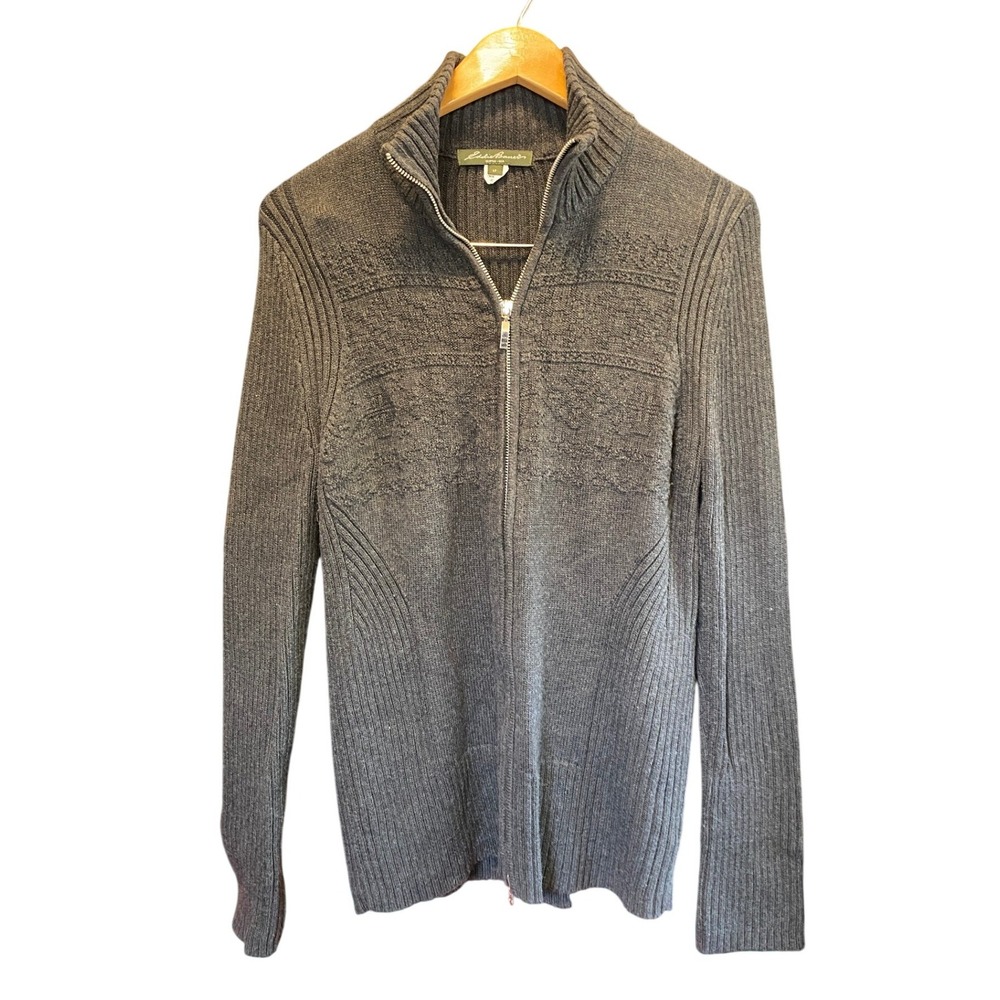 Eddie Bauer Sweater Full Zip Ribbed LT Gray Cotton Blend Cardigan Cabincore Fall